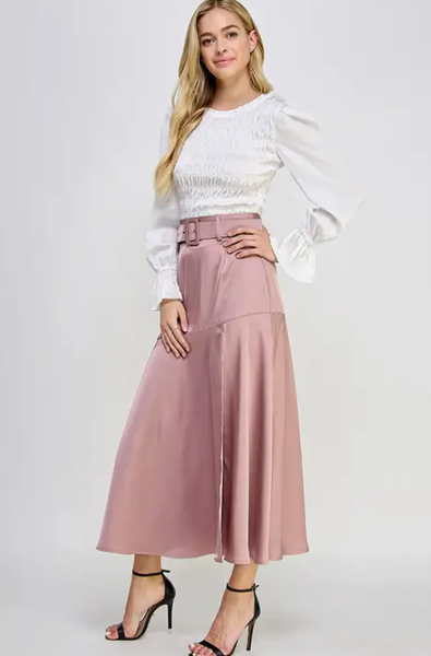 Satin Flared Split Maxi Skirt with Belt