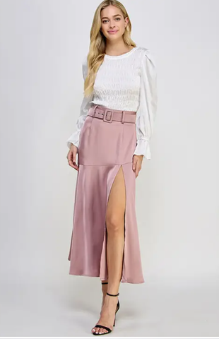 Satin Flared Split Maxi Skirt with Belt