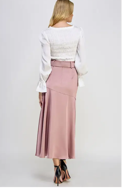 Satin Flared Split Maxi Skirt with Belt