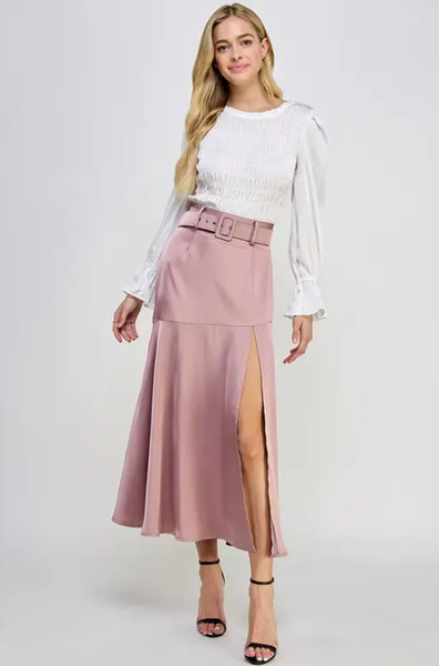 Satin Flared Split Maxi Skirt with Belt