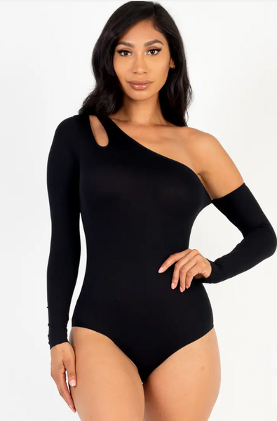 Black One Shoulder Cut Out Bodysuit